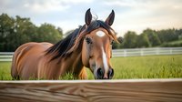Bay horse with white blaze looking over wooden fence in green pasture during golden hour. Closeup portrait captures gentle expression and alert ears against blurred rural background.