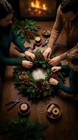 Couple crafting festive Christmas wreath together with pine branches, berries and pinecones by cozy fireplace on wooden table for holiday home decoration.