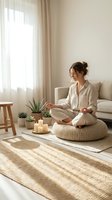 Young woman meditating in peaceful living room with plants and candles creating zen atmosphere for mindfulness practice and relaxation at home.
