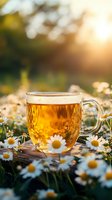 Glass cup of herbal chamomile tea surrounded by fresh daisy flowers in garden at sunset, golden hour ambiance for wellness concept.