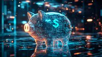 Glowing digital piggy bank with dollar symbol on futuristic circuit pattern background reflecting on wet surface amid blue lights and bokeh effects.