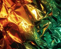 Shiny metallic foil texture in vibrant orange, gold and emerald green colors creating abstract wrinkled surface with dramatic light reflections and shadows.
