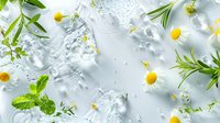Fresh chamomile flowers and mint leaves floating in crystal clear water with ice cubes and splashes on light background, refreshing summer drink concept.