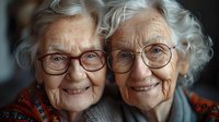 Cheerful elderly twin sisters with glasses and white hair smiling at camera, showcasing friendship and aging with grace. Perfect for healthcare or retirement themes.
