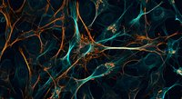 Neural network connections with glowing synapses and branching pathways in dark teal and orange colors for medical and scientific presentations.
