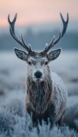 Majestic red deer stag with impressive antlers standing in frosty winter landscape at dawn with soft pink sky background for wildlife photography projects.
