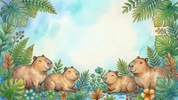 Tropical jungle frame with cute capybara family resting among lush green foliage and exotic plants on watercolor background for nature designs.