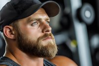 Athletic Caucasian male with full beard wearing black baseball cap looking determined during workout session at modern fitness center.