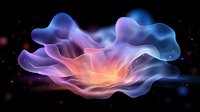 Ethereal flowing smoke forms in blue, purple and orange creating abstract cosmic shapes against dark background with glowing particles and light effects.