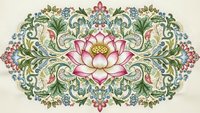 Ornate floral mandala with pink lotus center surrounded by decorative leaves and scrollwork on cream background for meditation and wellness designs.