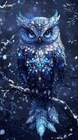 Mystical owl with glowing blue eyes and crystalline feathers against starry night sky, decorated with luminous patterns and ethereal snowflakes for fantasy art designs.
