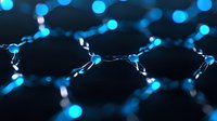 Glowing blue molecular structure network on dark background with selective focus and bokeh effect creates futuristic scientific visualization.