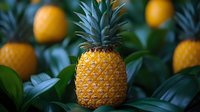 Fresh ripe pineapple with golden yellow skin surrounded by green tropical leaves and oranges in soft focus background, natural food photography.