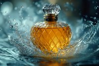Elegant crystal perfume bottle with amber liquid splashing in water against turquoise background, luxury fragrance photography with dynamic water drops.