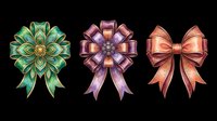Decorative ribbon bows and ornamental rosettes in green, purple, and copper tones, isolated on transparent background. Ready for t-shirt designs, clipart, stickers, and print-on-demand products.