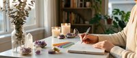 Woman writing in notebook at cozy home workspace with candles and plants creating peaceful atmosphere for journaling and creative work.