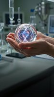Scientist holding crystal sphere with DNA helix hologram in laboratory setting, representing genetic research, biotechnology innovation, and scientific discovery.