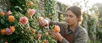 Young woman gardener carefully pruning colorful roses in blooming garden during golden hour sunlight for professional landscaping and flower care.