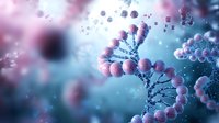 Microscopic view of DNA helix structure with pink and blue spherical molecules floating in ethereal space, showing genetic research and biotechnology advancement.