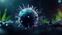 Microscopic virus particle with spiky protein surface floating in dark cellular environment with glowing particles and bokeh light effects for medical education.