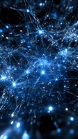 Glowing blue neural network connections on dark background with luminous nodes and interconnected pathways creating abstract technological pattern.
