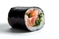 Fresh salmon and green onion sushi roll with nori seaweed and white rice on light background, macro food photography with soft shadows.
