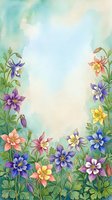 Watercolor columbine flowers border in purple, pink, blue and yellow on soft teal background with copy space for greeting cards.