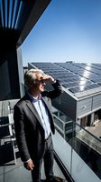 Middle-aged male professional in dark blazer and light blue shirt observing solar panels from rooftop balcony. Renewable energy and sustainable business concept for corporate use.