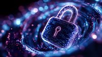 Glowing digital padlock with binary code pattern surrounded by blue and purple bokeh lights on dark background, representing cybersecurity and data protection.