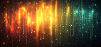 Glowing orange and turquoise light streaks with sparkles create magical atmospheric effect against dark background, abstract digital art for modern design projects.