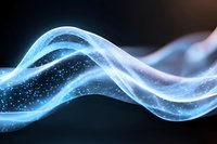 Glowing blue waves with sparkles flow against dark background creating magical ethereal effect, abstract light trails for creative design projects.