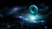 Glowing blue location pin marker floating in dark space with bokeh light effects and particles, modern navigation concept for mobile apps and websites.