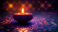 Decorative oil lamp with burning flame casting colorful light patterns on ornate surface against dark bokeh background.