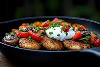 Pan seared potato cakes topped with sour cream, fresh chives, roasted mushrooms and cherry tomatoes served on black plate, close up food photography.