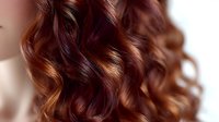 Luxurious burgundy and copper toned wavy hair with soft curls cascading down, showing professional hair coloring technique and styling for salon and beauty industry.