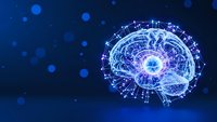 Digital brain with glowing neural networks and circuit connections on blue technology background for artificial intelligence concepts.