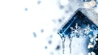 Frozen winter birdhouse with icicles and snowflakes against blurred snowy background, creating magical holiday atmosphere for seasonal greeting cards.