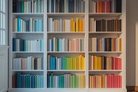 Books arranged by color spectrum on white wooden bookshelf creating rainbow effect, modern minimalist library organization system for interior design and decoration.