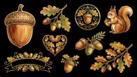 Autumn acorn clipart set with oak leaves, squirrel, and decorative elements, isolated on transparent background. Ready for stickers, t-shirt design, and print on demand.
