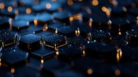 Abstract dark blue hexagonal pattern with glowing golden light reflections creating a futuristic technological surface.