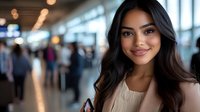 Young professional Hispanic woman smiling confidently at airport terminal with travelers in background. Business travel and modern lifestyle concept.