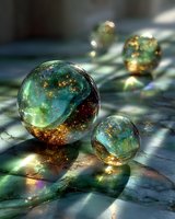 Magical glass spheres with swirling green and gold galaxy patterns casting ethereal shadows on marble surface in mystical sunlight, creating dreamy atmosphere.