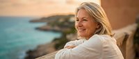 Mature blonde woman relaxing on coastal terrace at sunset, enjoying peaceful ocean view. Retirement lifestyle and wellness concept for travel marketing.