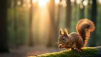 Cute red squirrel sitting on moss-covered log in sunlit forest during golden hour. Wildlife photography concept for nature and outdoor themes.