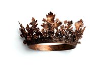 Antique copper crown with oak leaf design and intricate details on white background, isolated royal headpiece for luxury design projects.