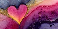 Abstract heart shape in vibrant pink and purple alcohol ink with gold accents and organic flowing patterns for romantic design projects.