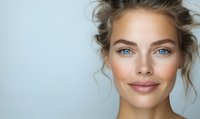 Young Caucasian woman with natural makeup, blue eyes and messy updo hairstyle smiling against light blue background. Clean skin beauty portrait.