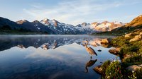 Majestic heron stands in pristine alpine lake with snow-capped mountain peaks reflecting in calm waters during golden hour sunrise creating serene wilderness scene.