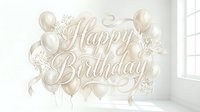 Elegant Happy Birthday calligraphy with pearl balloons, ribbons, and delicate flowers in soft beige tones, perfect for greeting cards and celebrations.