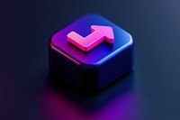 Glowing pink arrow icon on dark blue isometric button with neon lighting effect and gradient background, modern minimal design for social media and apps.